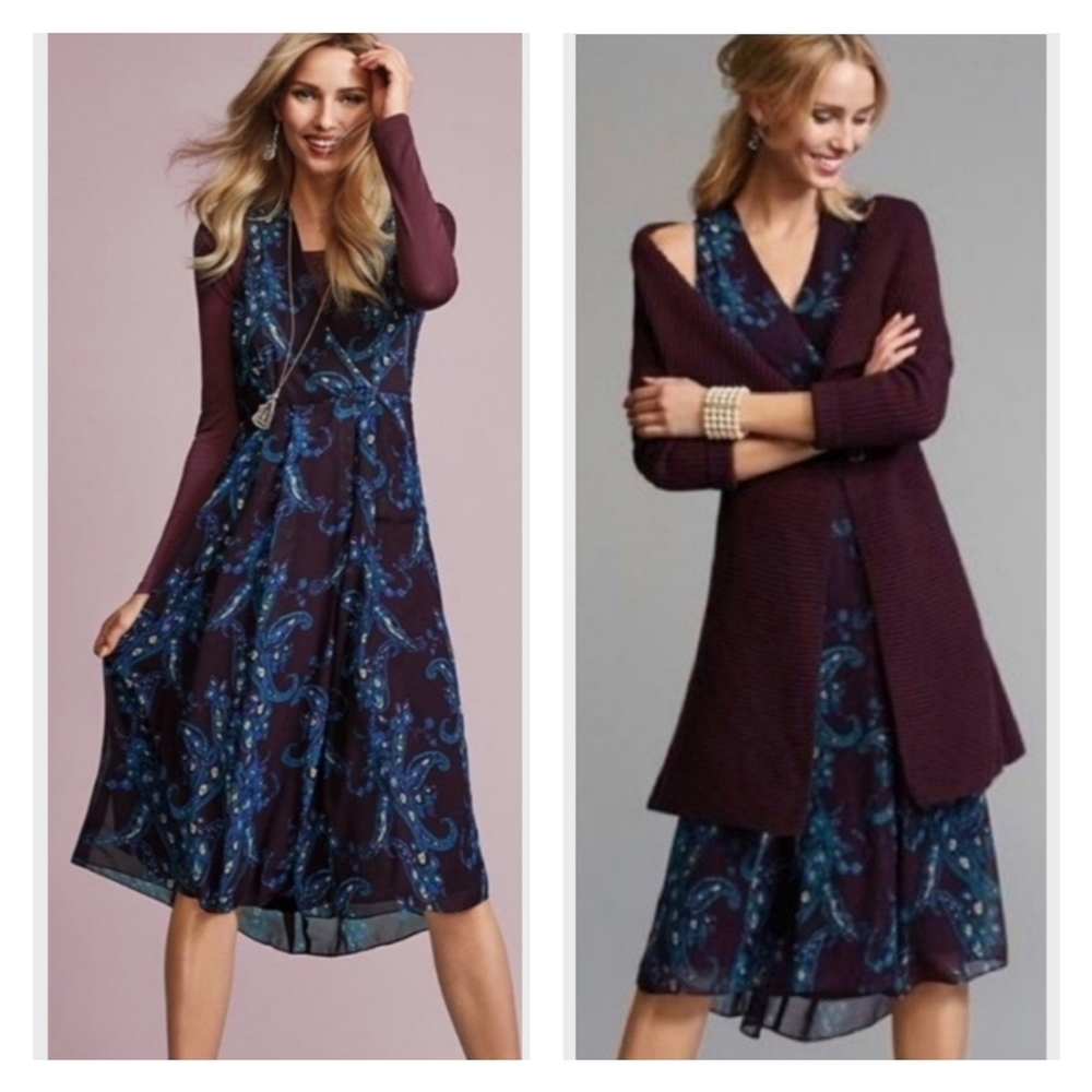 Cabi Treasure V-neck Sleeveless Purple Paisley Midi Dress Pockets 3461‎